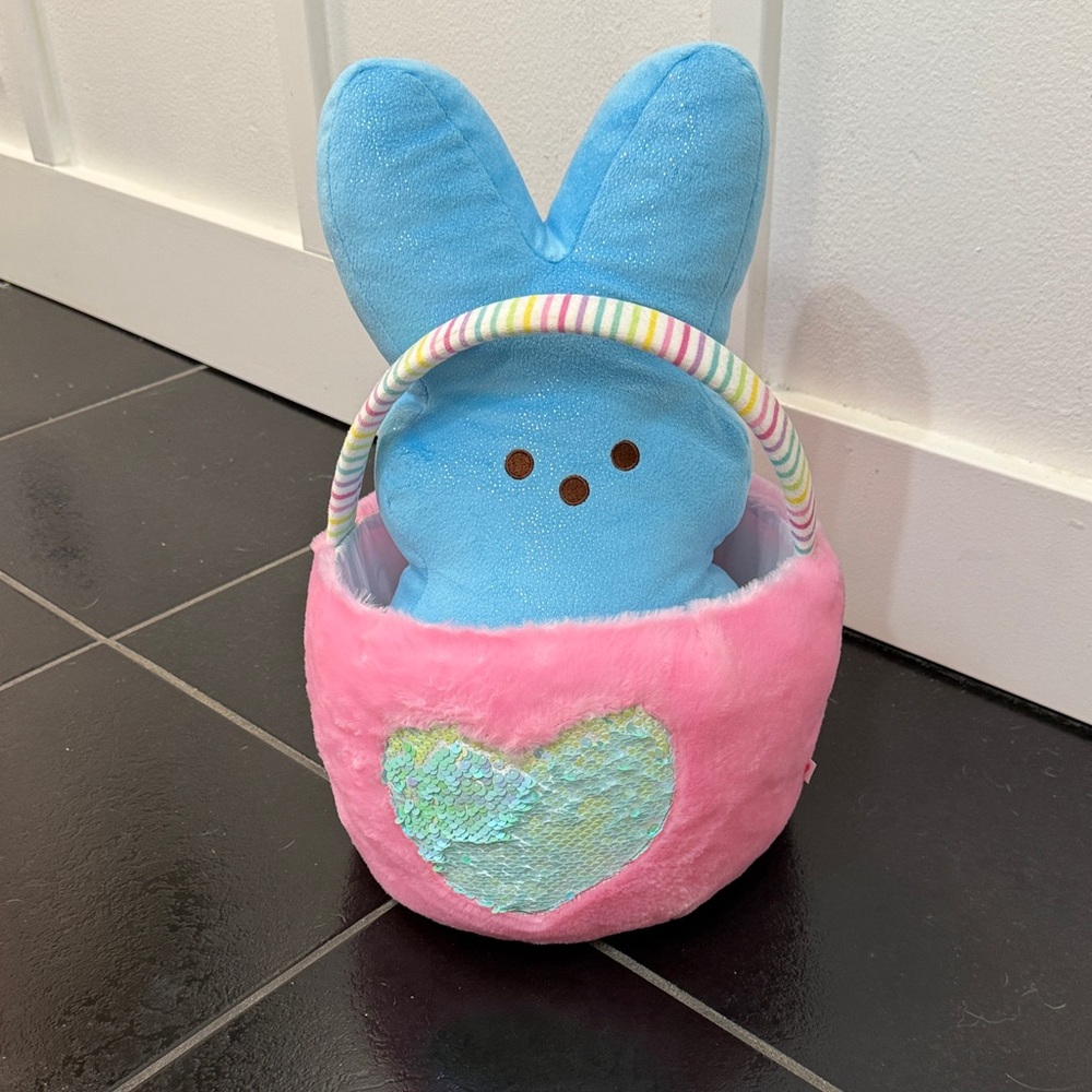 Plush Blue Bunny in Pink Heart Basket - Soft Kids Stuffed Animal